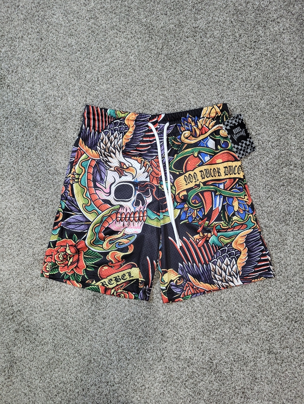 Rebel Vengeance Mend Medium Skull Tattoo AOP Elastic Drawstring Wasit Shorts Y2K